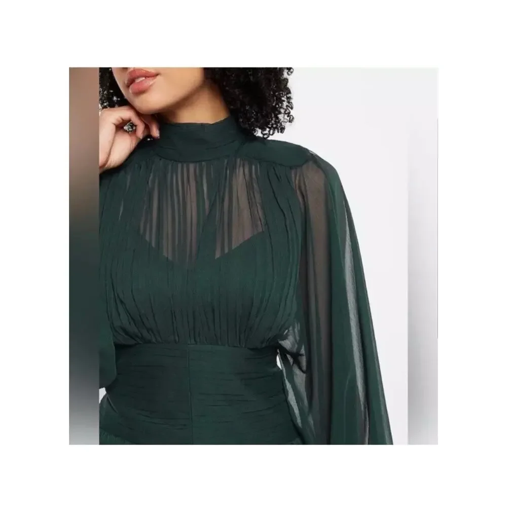 Express Dark Green Long-Sleeve Tiered Midi Dress - Picture 3 of 8